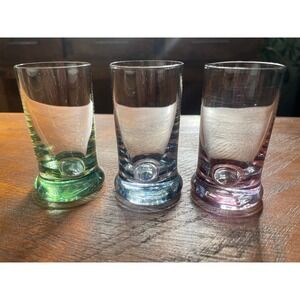 Vintage Controlled Bubble Shot Glasses Set of 3 Green Blue Purple Barware 3.75in